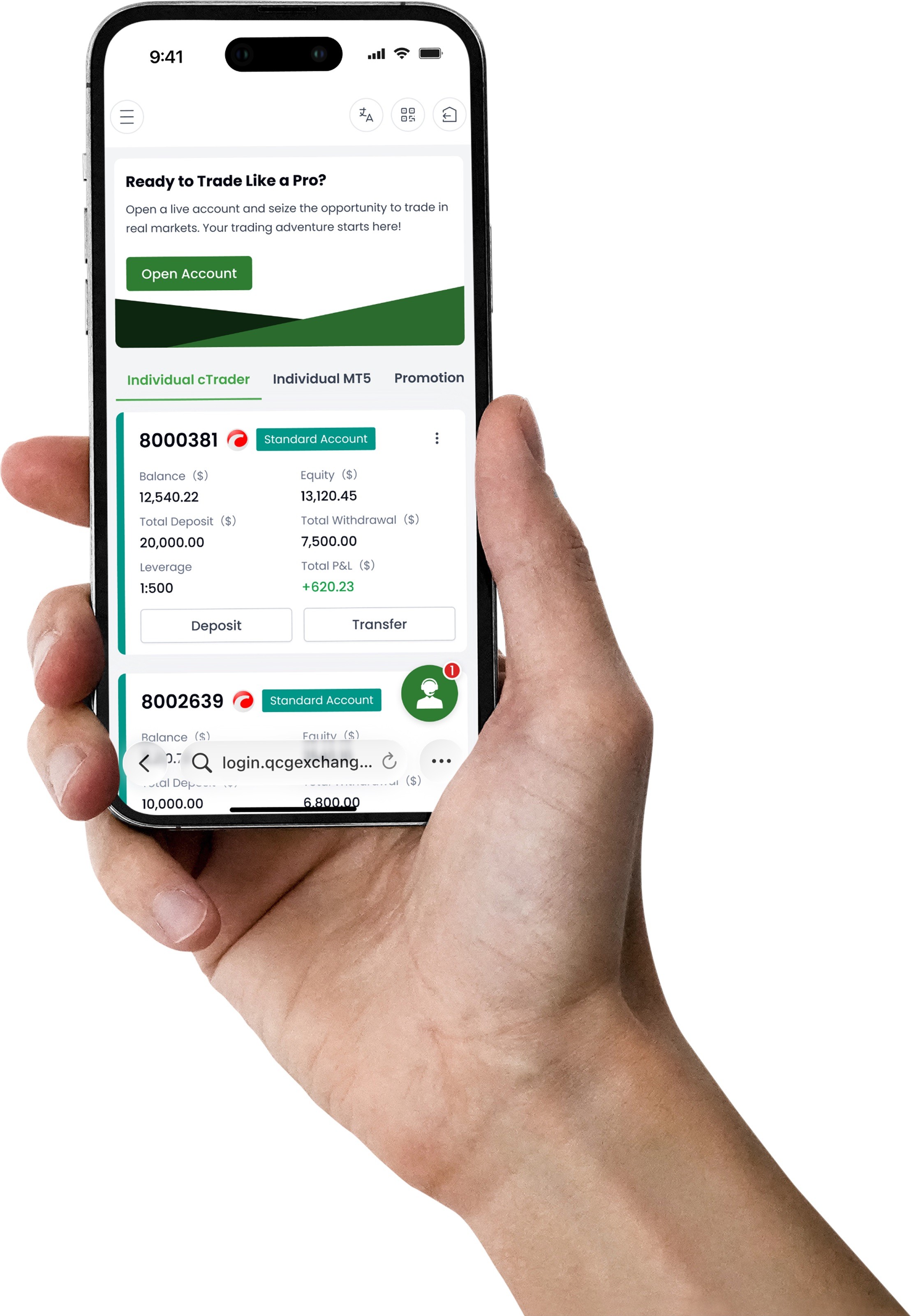 A person's hand holding a smartphone displaying the QCG's mobile interface, showing multiple live trading accounts with balance, equity, and deposit details.