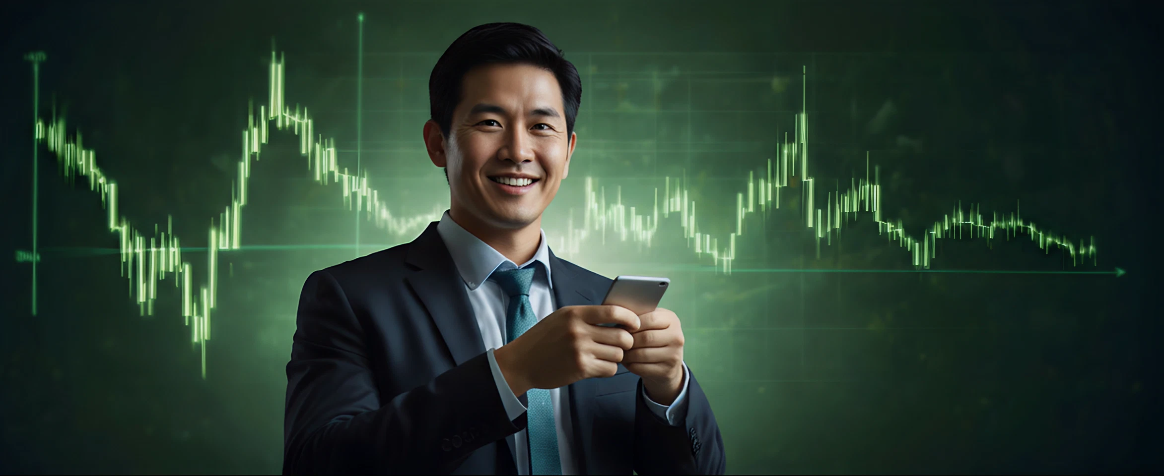 A smiling businessman in a suit holding a smartphone, set against a background of green glowing stock market candlestick charts.