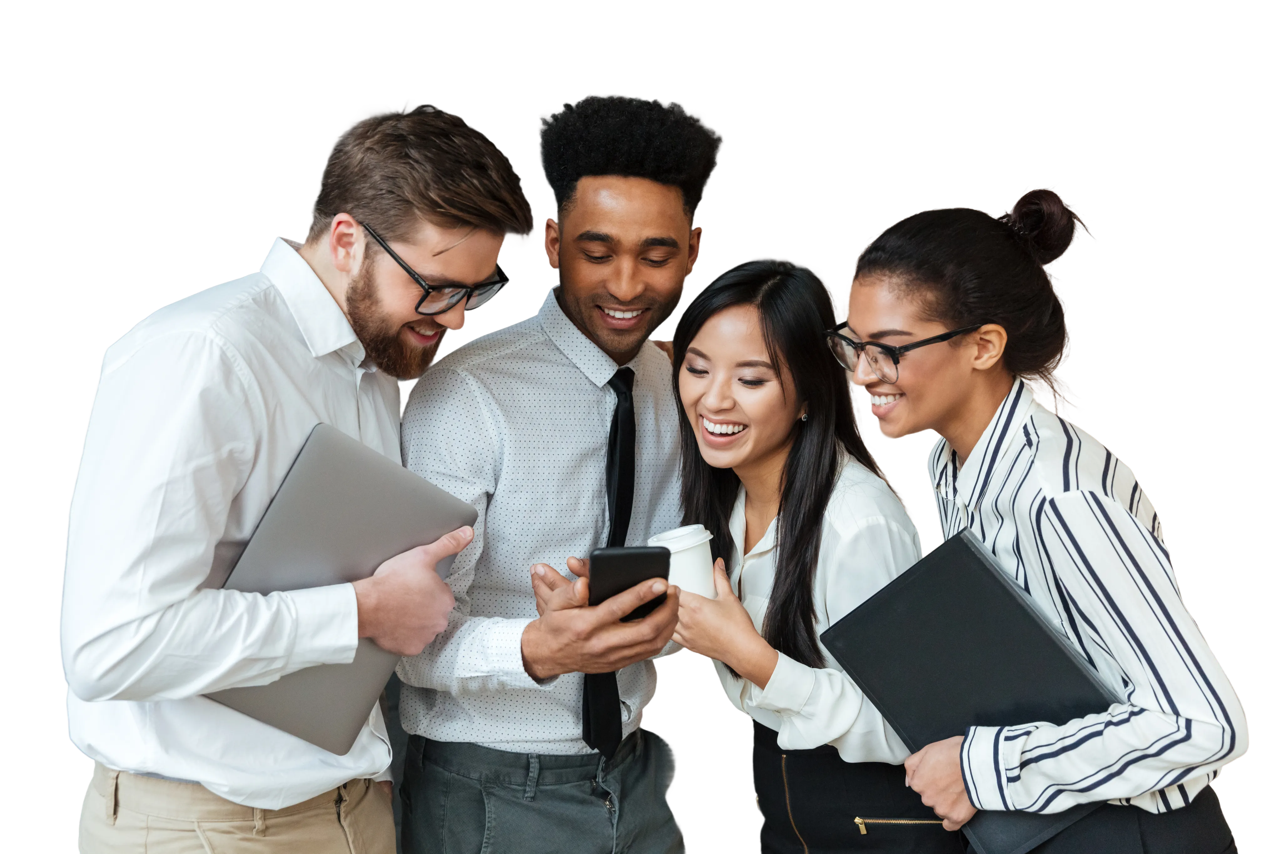 A diverse group of four young professionals smiling and looking at a smartphone together.