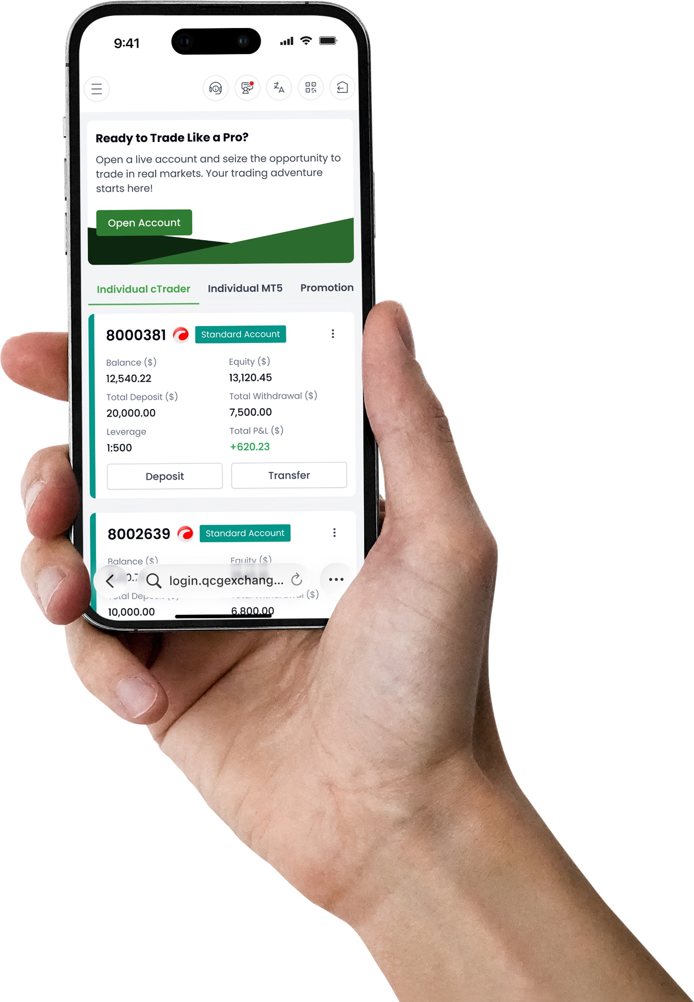 A person's hand holding a smartphone displaying the QCG's mobile interface, showing multiple live trading accounts with balance, equity, and deposit details.